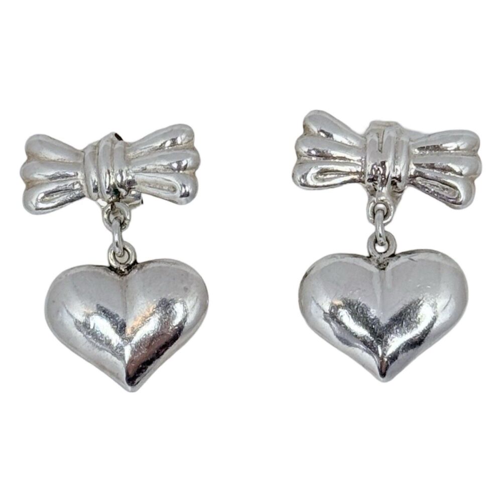 Vintage 925 Sterling Silver Puffy Heart Bow Dangle Drop Earrings Pierced 1in